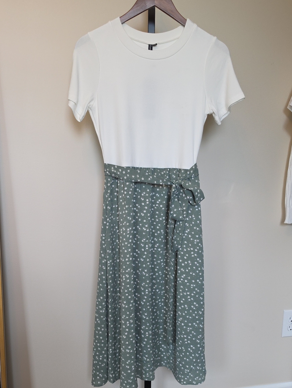Women's White Top & Sage Green Floral Skirt Tie-Waist Dress